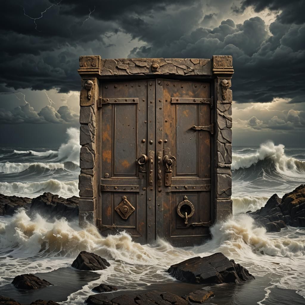 Ancient Door to Stormy Sea: Surreal Landscape