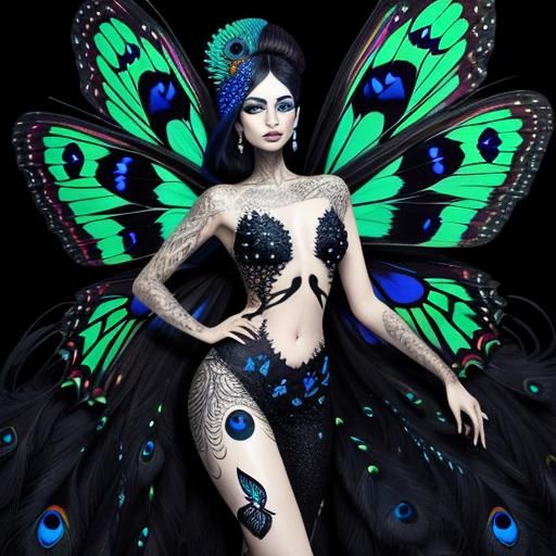 Butterfly Woman with Peacock Feathers in Abstract Art