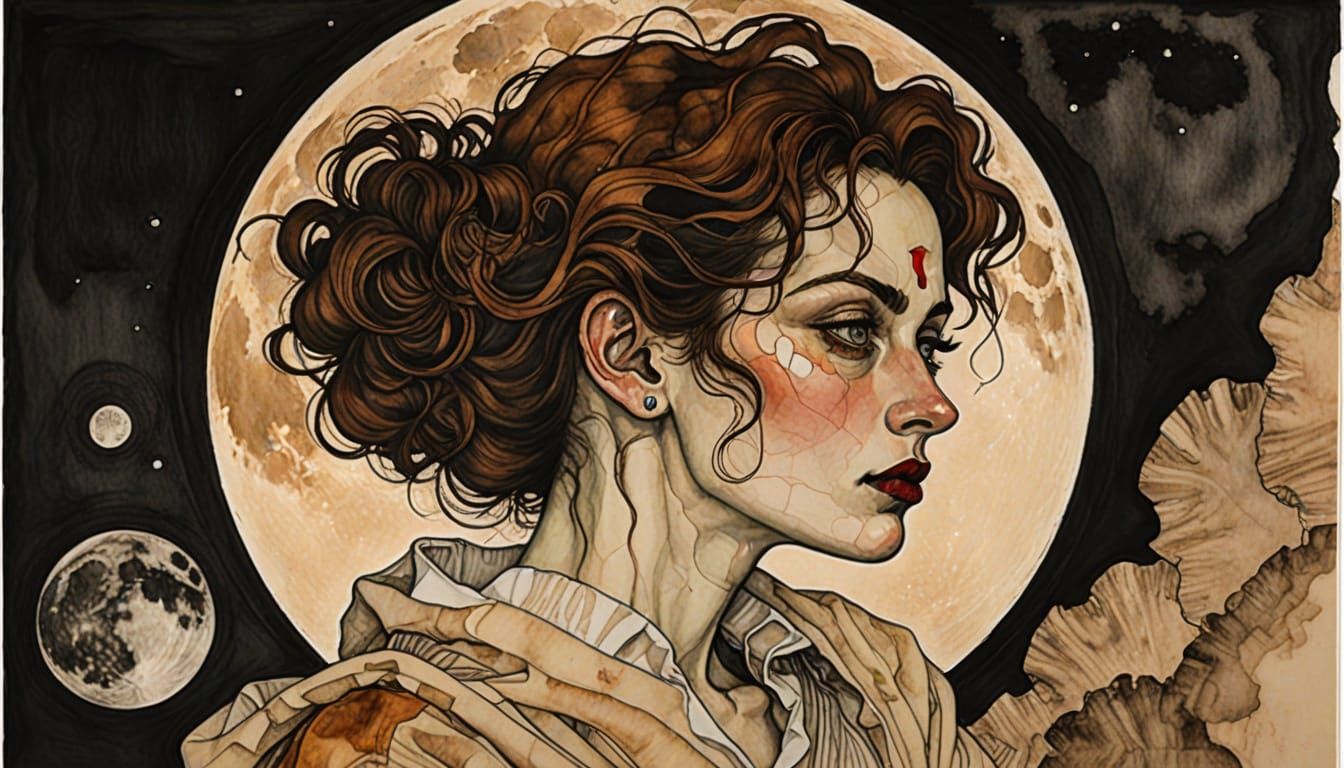 Egon Schiele Inspired Woman with Moon in Ink