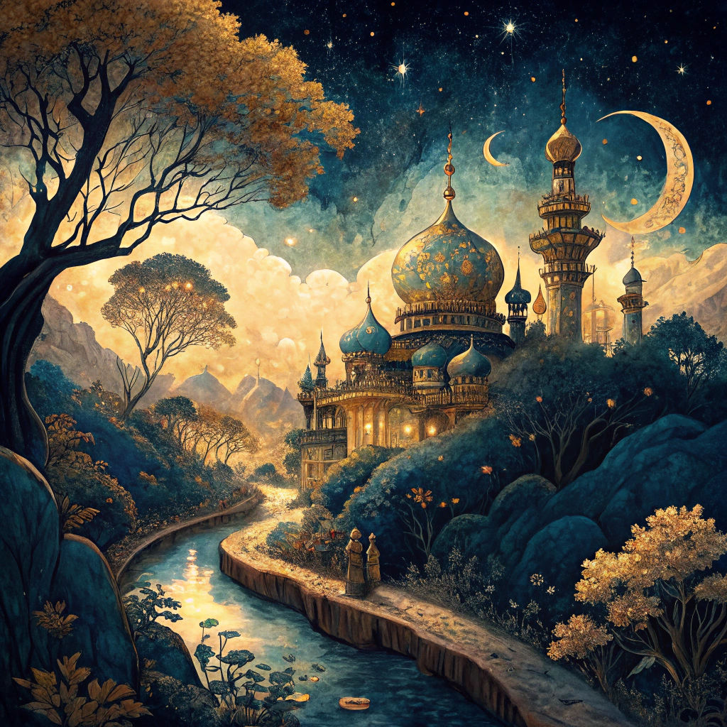 Oriental Night Landscape as Digital Watercolor Illustration