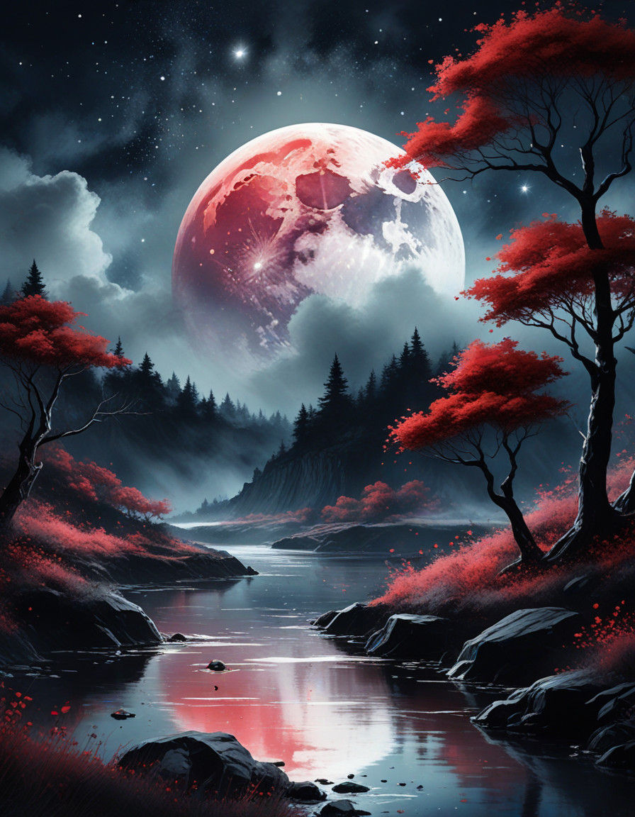 Dreamy Watercolor Moonlit Landscape in Ink Splatter Style