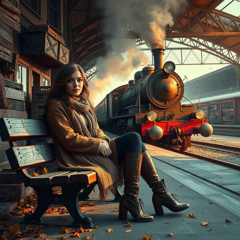 A picturesque, nostalgic train station nestled in autumn foliage. An old steam locomotive awaits beside weathered benche...