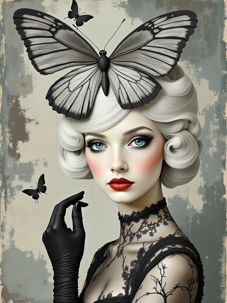 Porcelain Woman with Butterfly, Mixed Media Style