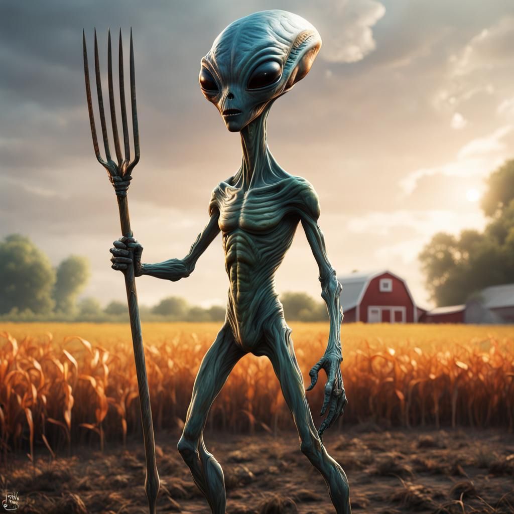Hyperrealistic Alien Farmer with Pitchfork
