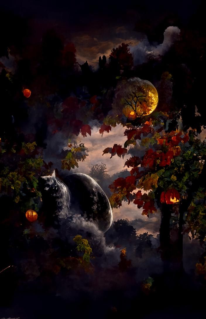 Black Cat in Autumn Foliage Under Cosmic Moonlight