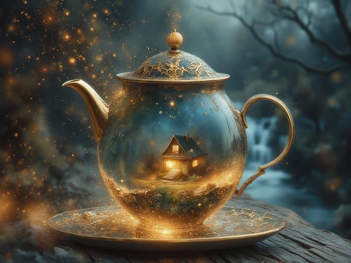 Golden Night Scene Pours from Teapot