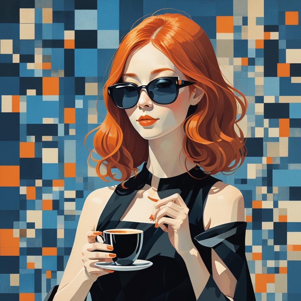 Redhead in Sunglasses Drinking Coffee in Cubist Style