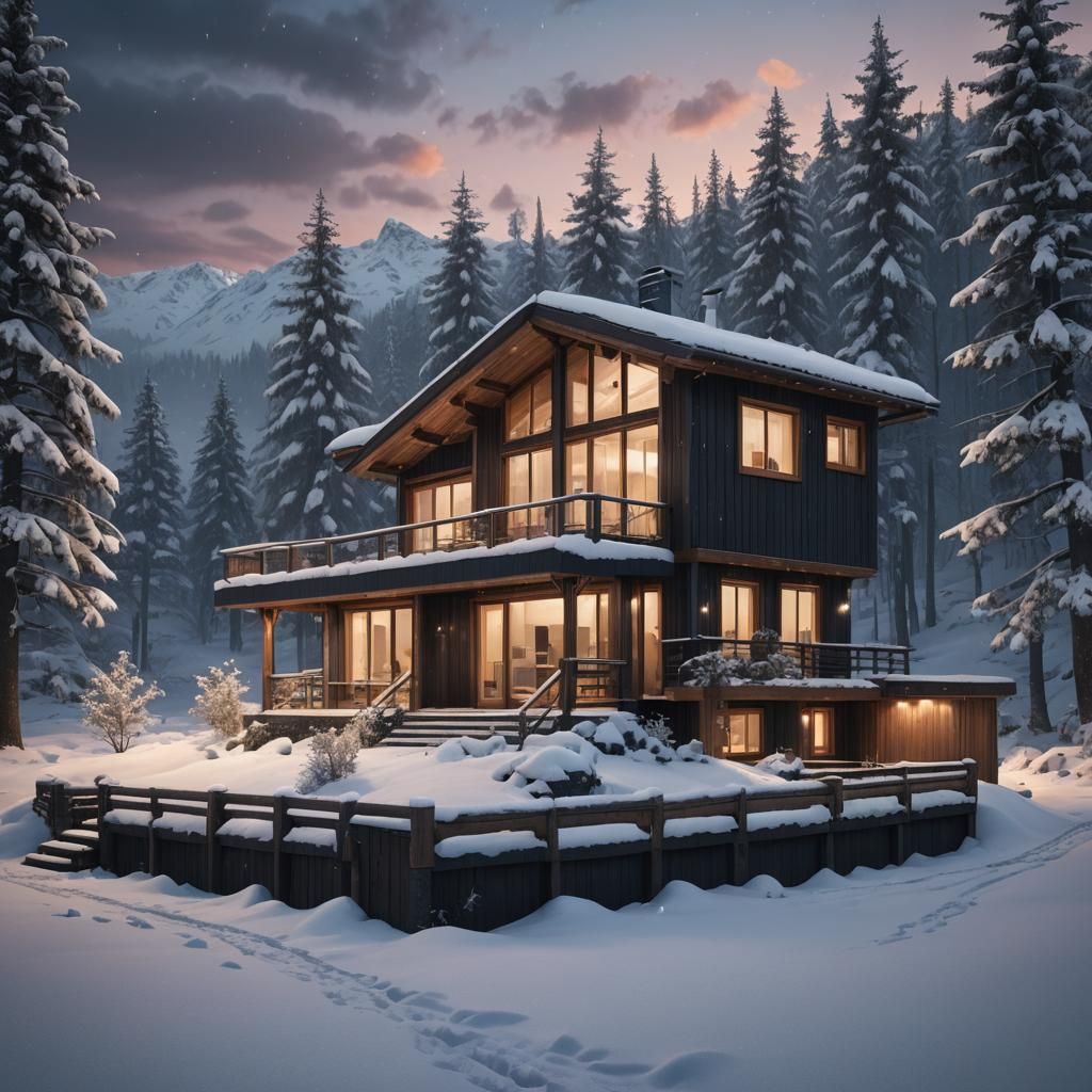 Modern Wooden House in Snowy Evening, Photorealistic