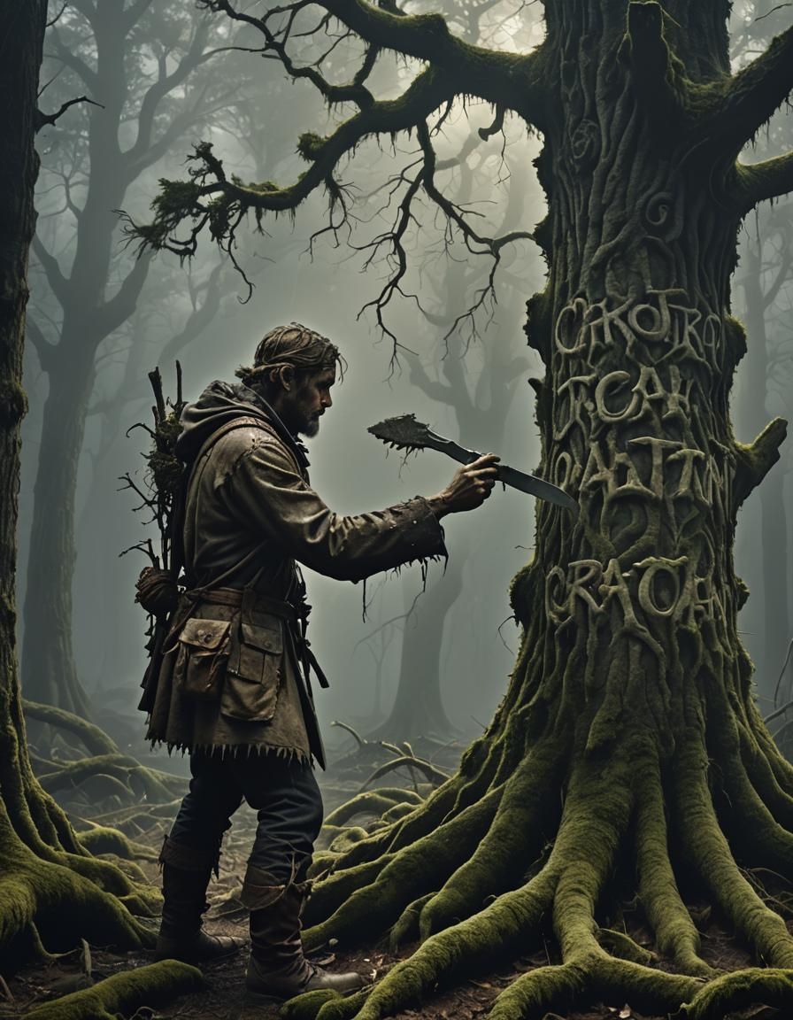Colonist Carving Croatoan in Misty Forest, Hyperrealistic Ar...