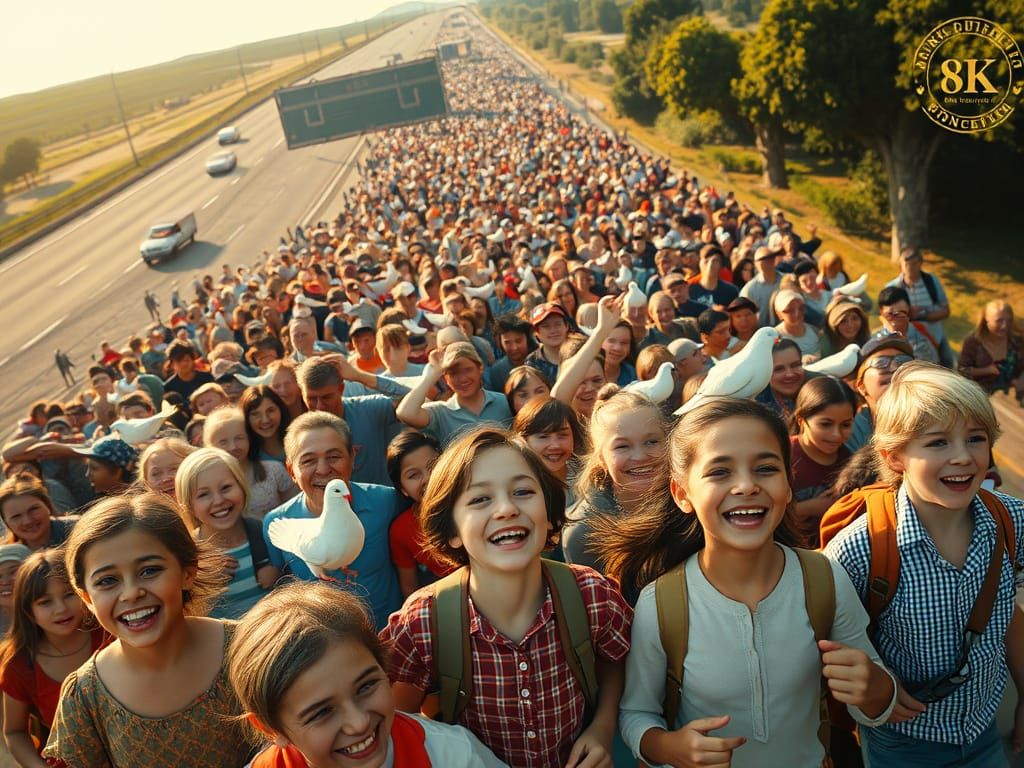 Joyful Children with Doves on Highway in Rockwell Style