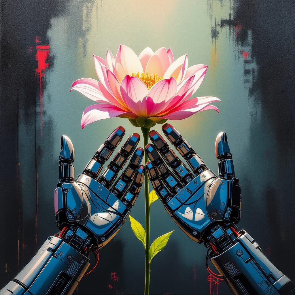 Robotic Hands Gently Hold Delicate Flower, Futuristic Art