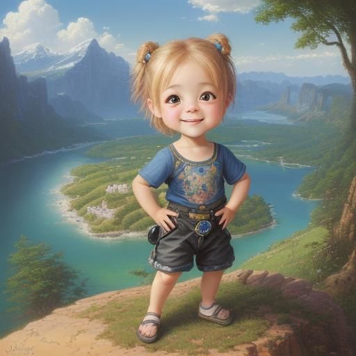 Chibi Character with Breathtaking View as Oil Painting