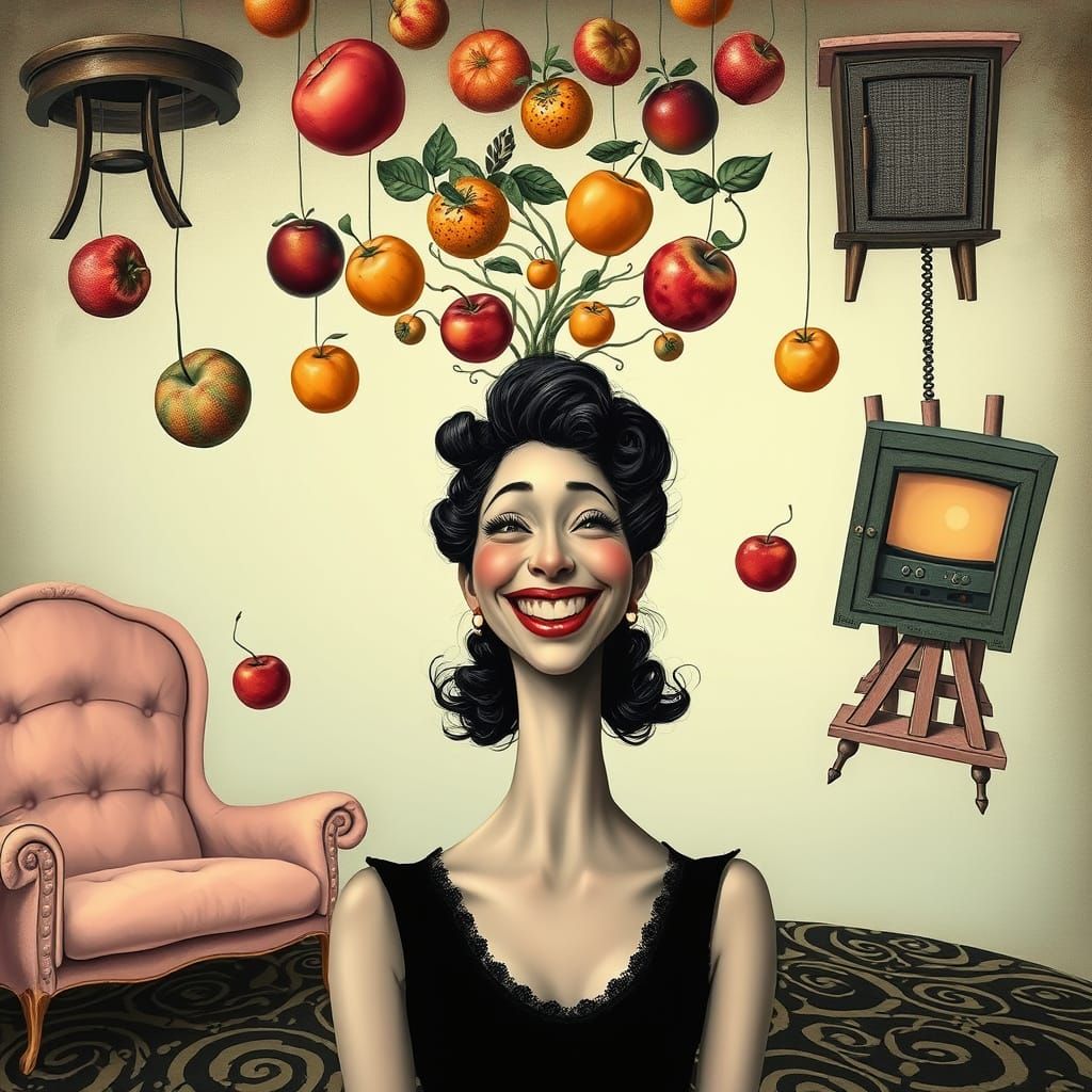 Surreal Woman Surrounded by Whimsical Fruit and Furniture in...