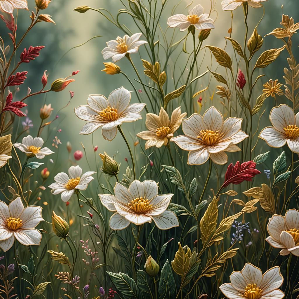 Embroidered Flower Thriving in Mystical Meadow