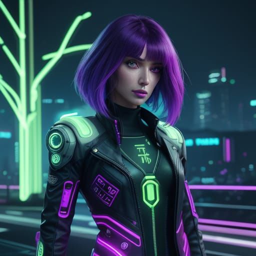 Cyberpunk Woman Amidst Neon Flora