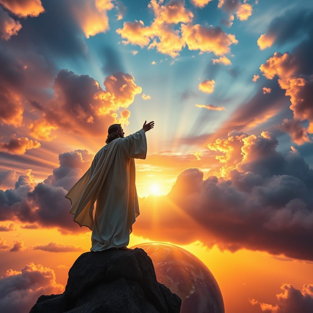 Jesus in Heavenly Glory Reaches Down to Earth Amid Vibrant S...