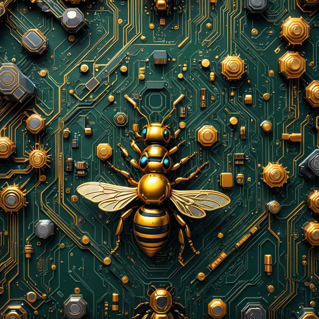 Golden Bee on Circuit Board: Detailed Matte Painting