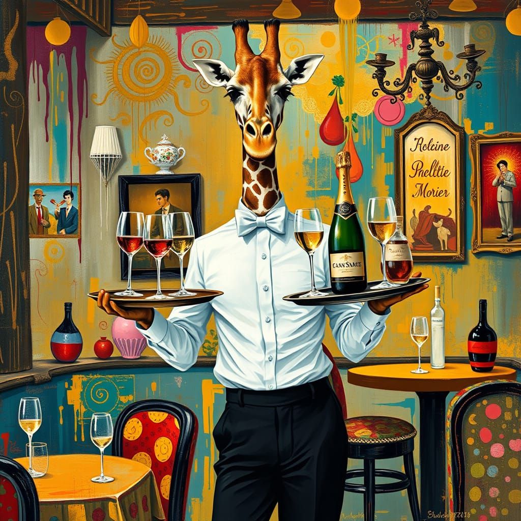 Debonair Giraffe Brings Wine in Fauvist Café Setting