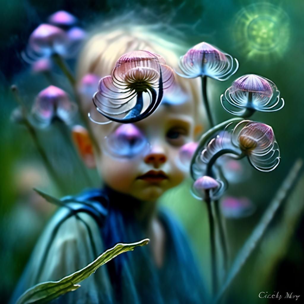 Windblown Flower Child in Magic Realism Style