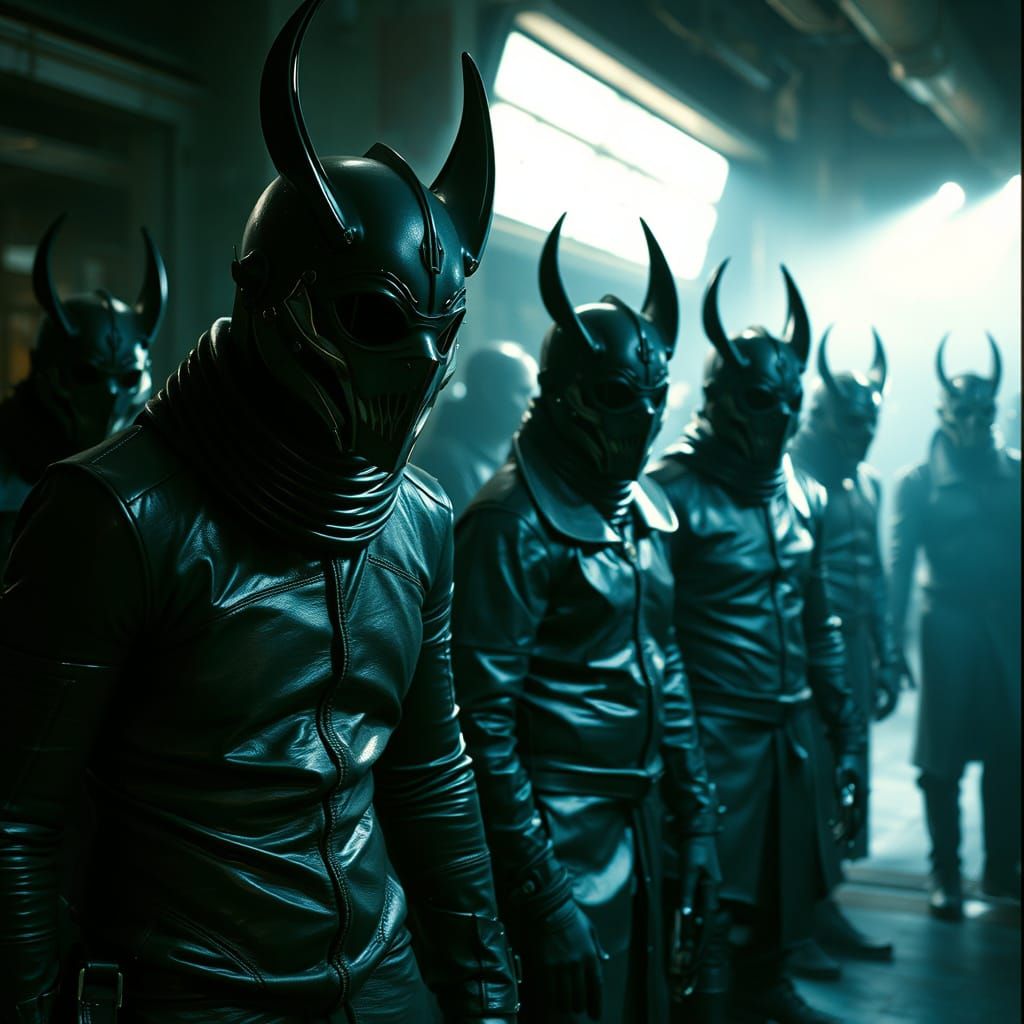 Elaborate Leather Attire and Masks in Industrial Setting