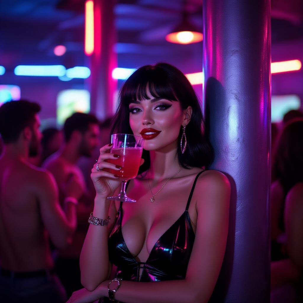 Vibrant Nightclub Scene with Woman in Neon Lights