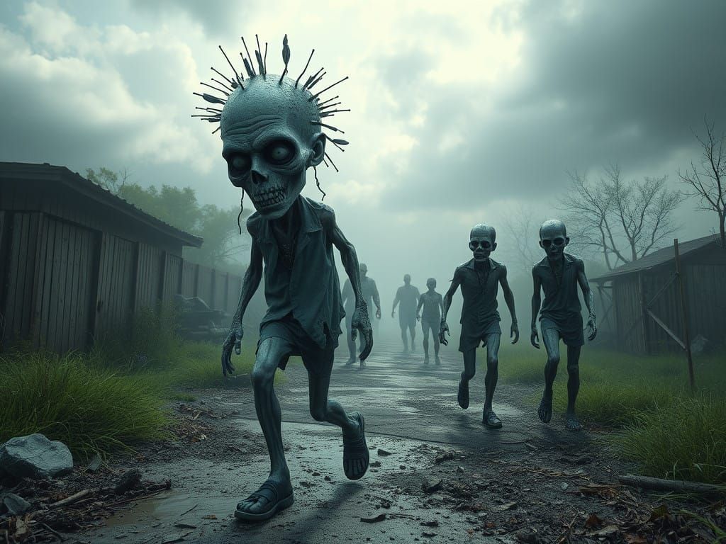 Disturbing Scene of Half-Zombie Figure Walking with Outstret...