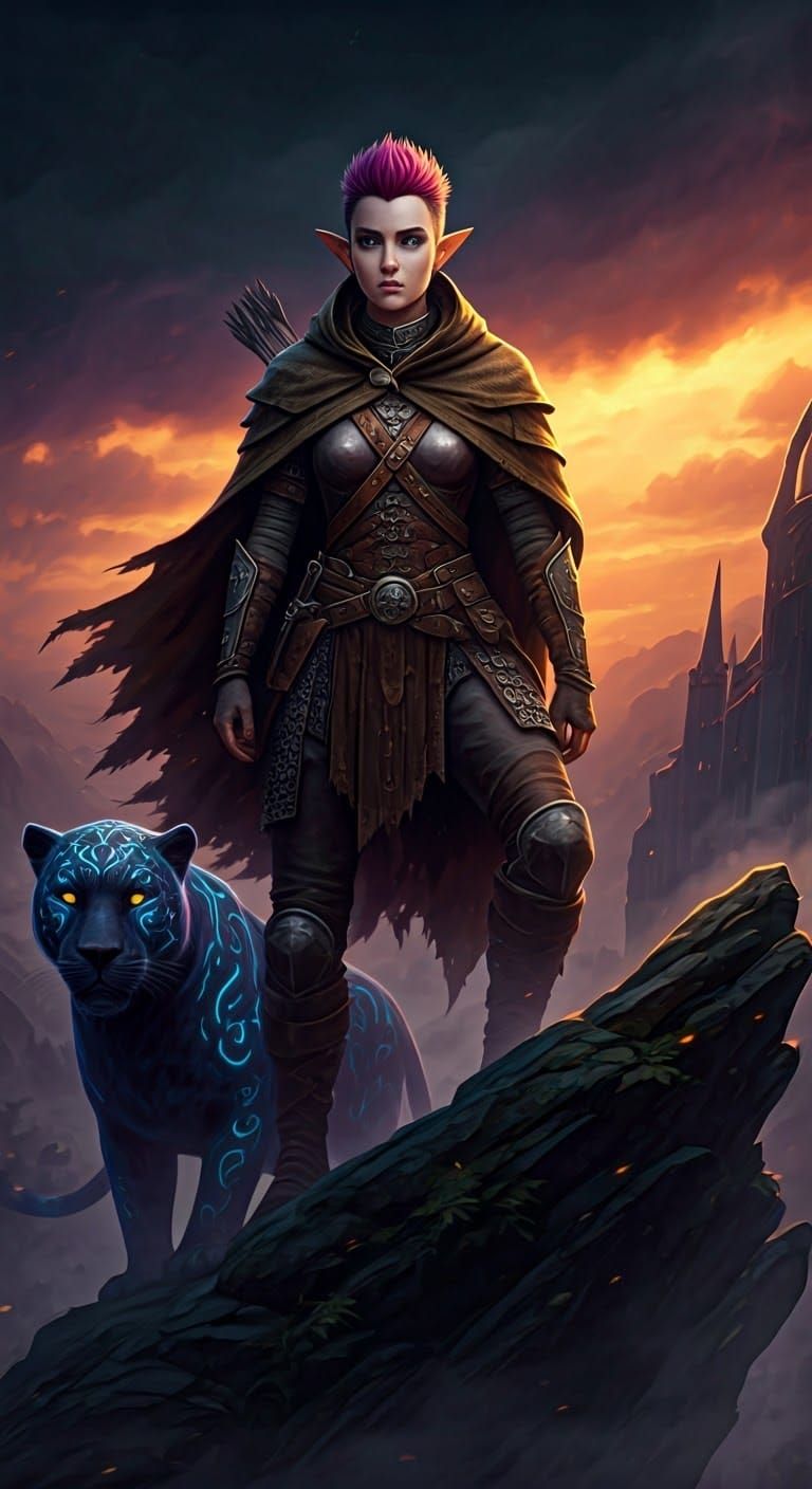 Half-Elf Ranger with Glowing Panther, Fantasy Art
