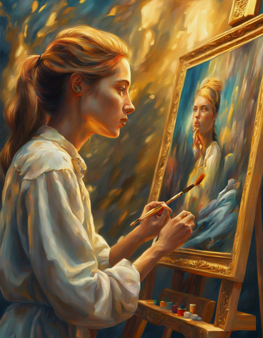 Surreal Oil Painting: Woman Painting a Woman