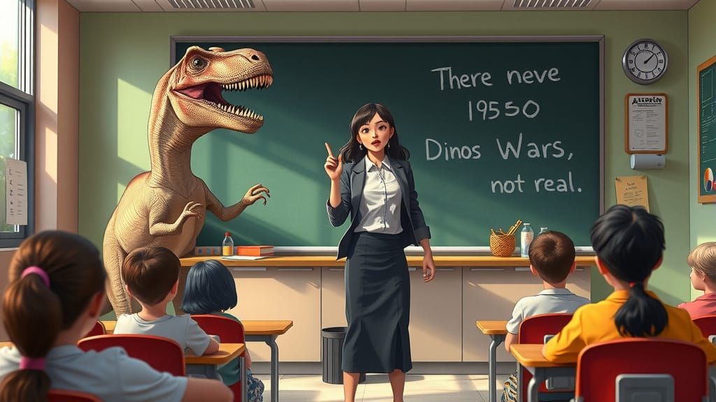 2020s Teacher Confronts Dinosaur in Anime Classroom