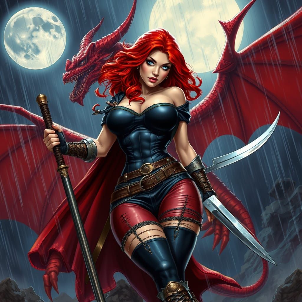 Sorceress with Red Dragon, Fantasy Art Style