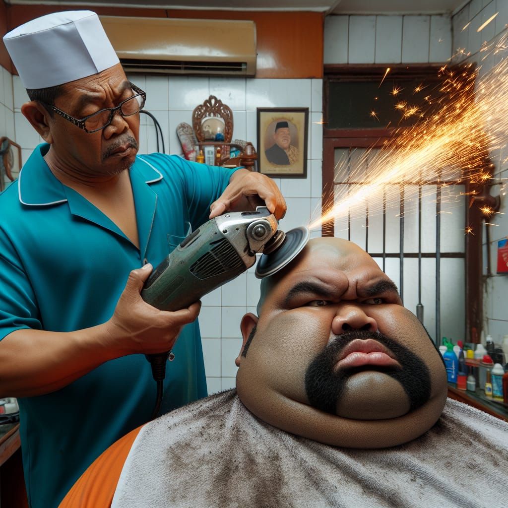 Humorous Barber Shop Scene with Power Sander Shave