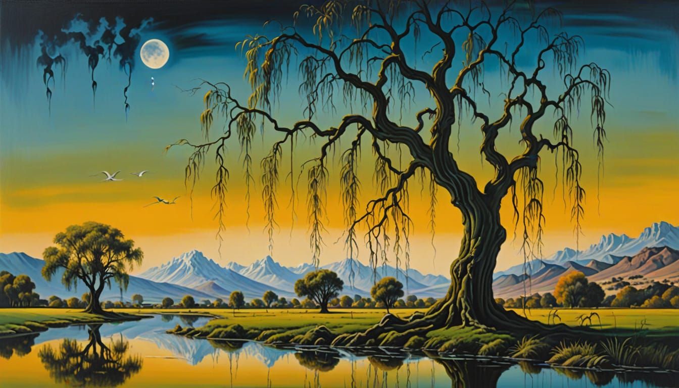 Dreamlike Weeping Willow Tree in Surreal Oil Painting