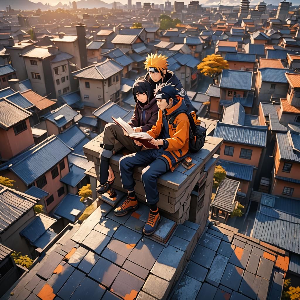 Naruto and Hinata Reading on a Rooftop