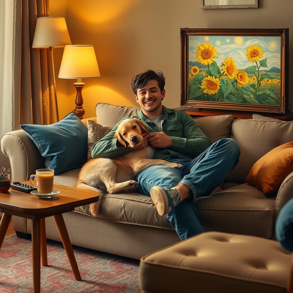 Cozy Evening with Golden Retriever, Hyperrealistic Art