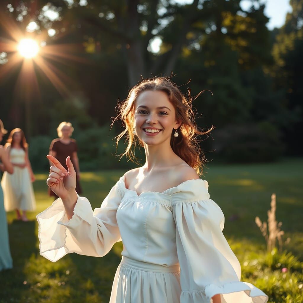 Woman Leads Dance in Sunlit Meadow