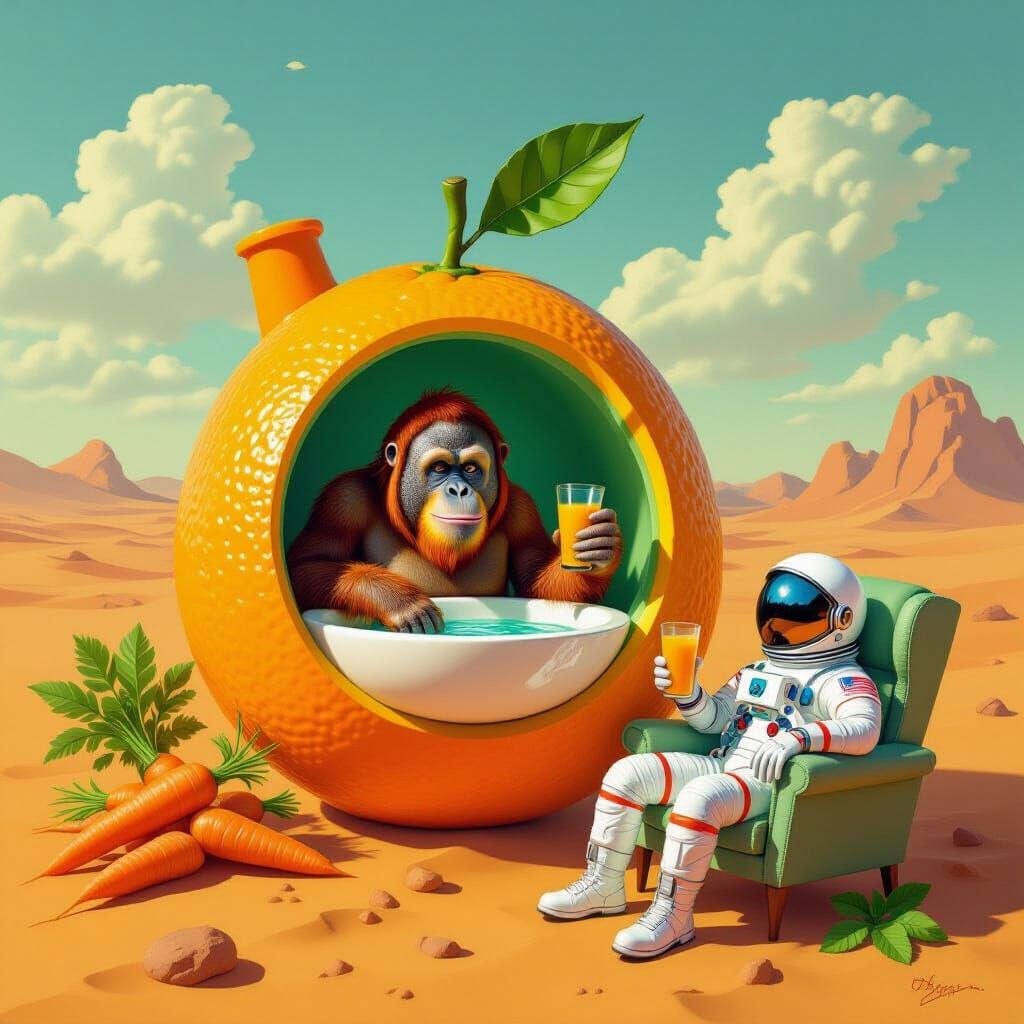 Surreal Orangutan Sink on Mars in Whimsical Style