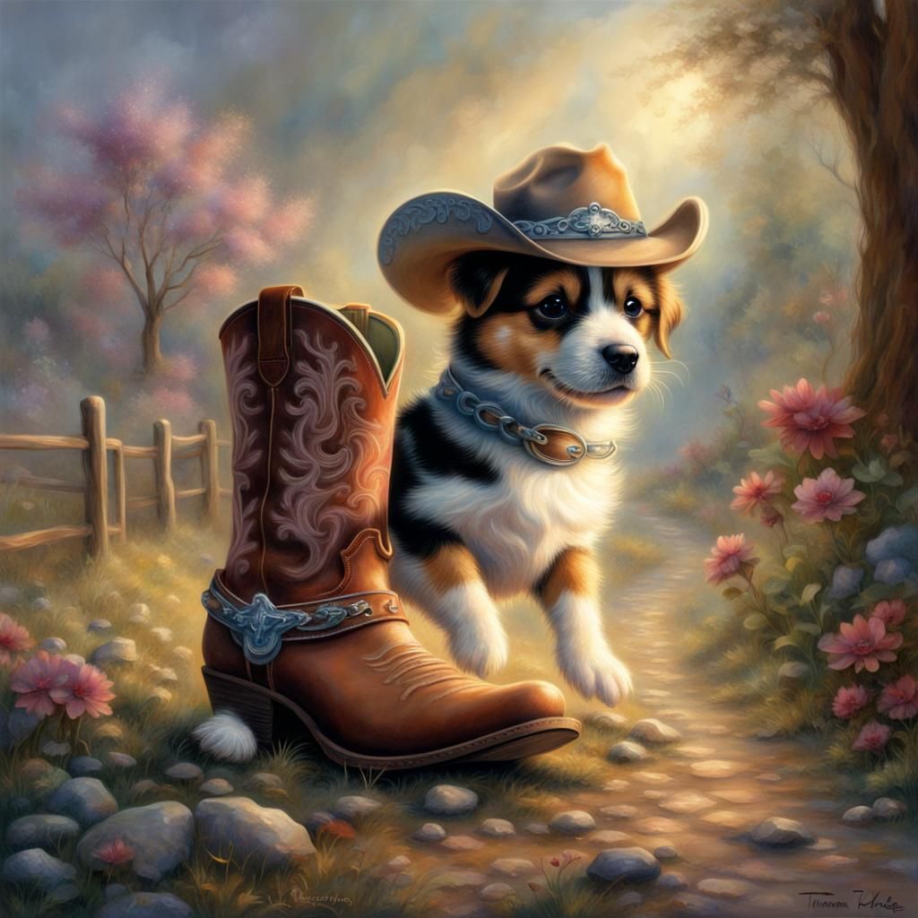 Puppy in Cowboy Boot: Ethereal Fantasy Scene