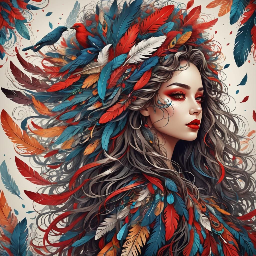 Girl with Feathered Hair in Abstract Vector Style