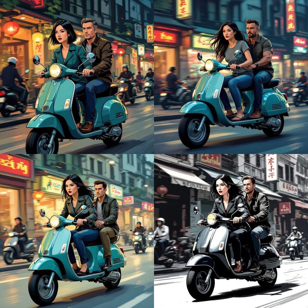 Hanoi Street Scene: Woman Rides Lambretta with Man