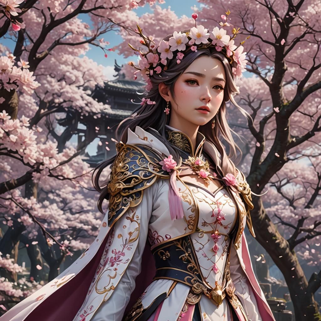 Medieval Queen with Cherry Blossoms in Anime Style