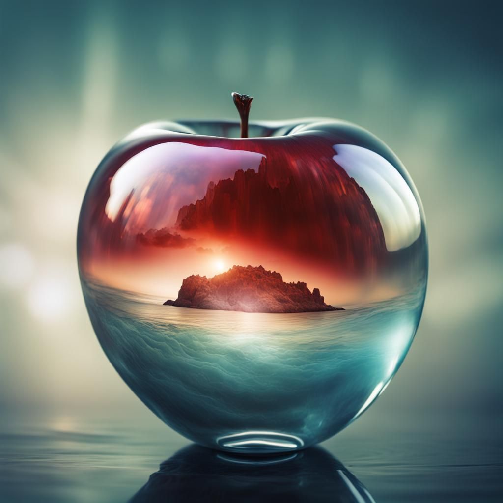 Hyperrealistic Glass Apple with Sea Double Exposure