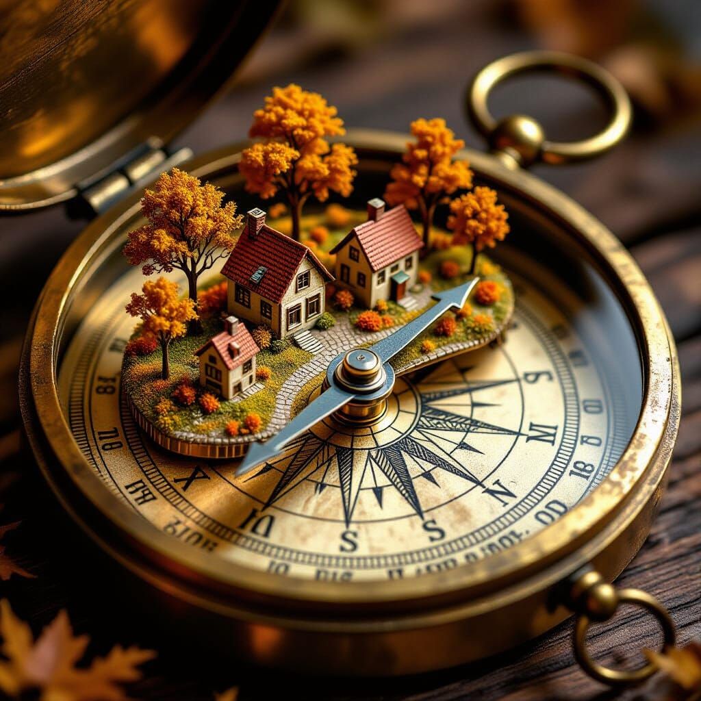 Autumn Village in Antique Brass Compass