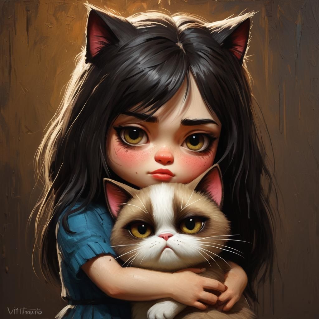 Chibi Girl Hugs Cat: Impasto Oil Painting