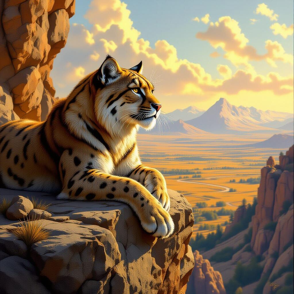 Saber-Toothed Cat Overlooking Prehistoric Landscape in Paleo...