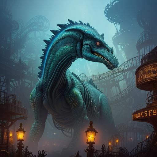 Steampunk Dinosaur Octopus on Apothecary Rollercoaster