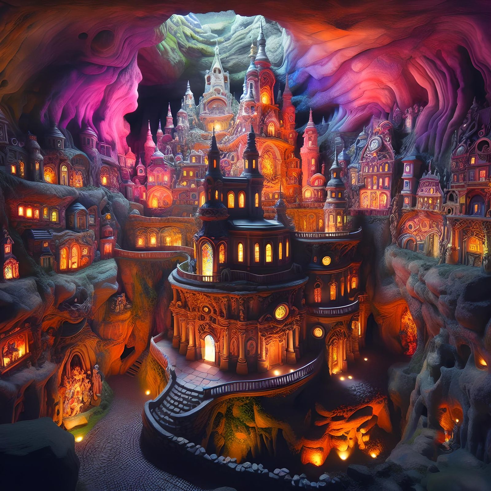 Ancient City Inside Cave Lit by Magical Dusk