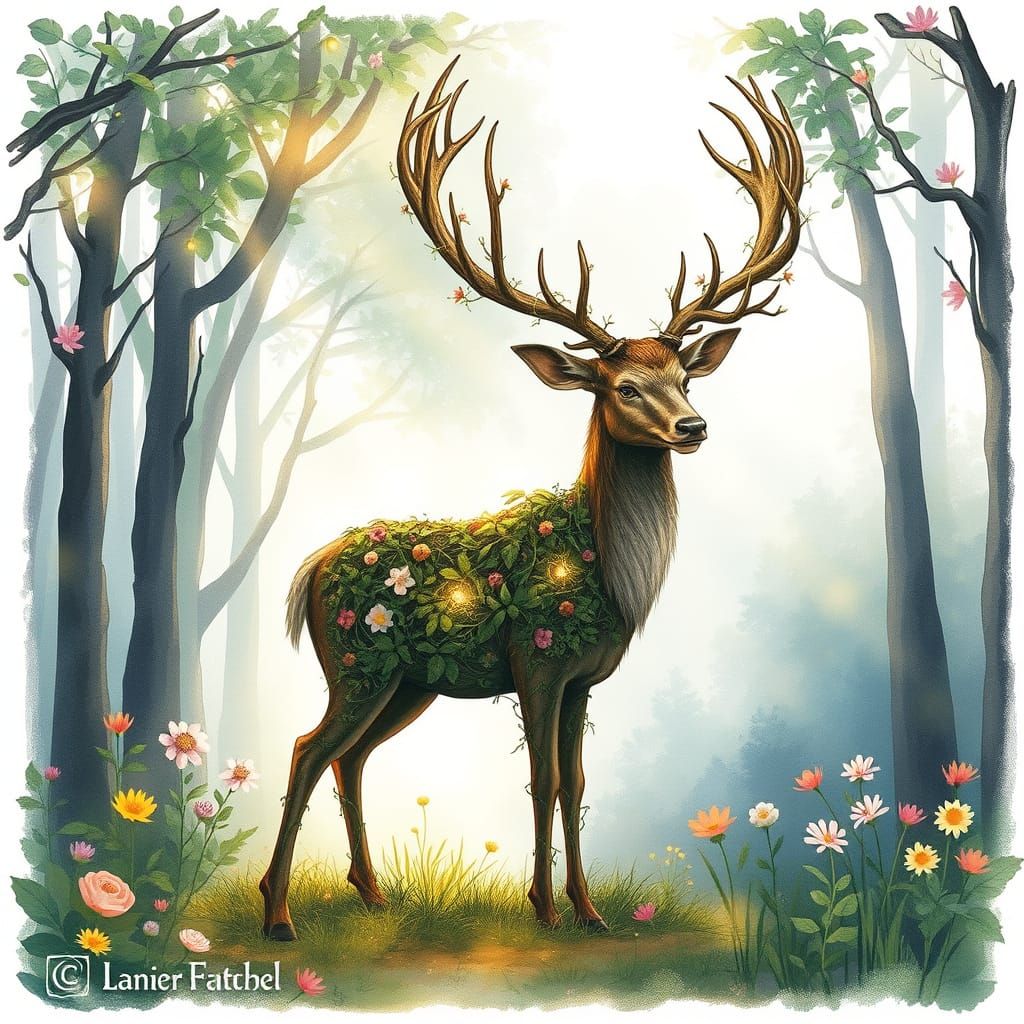 Enchanted Stag of Vines and Flowers in Forest Clearing