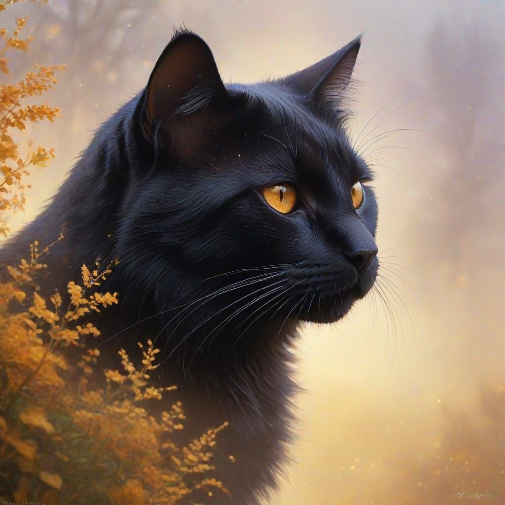 Ethereal Black Cat in Amber Light: A Pointillist Fantasy