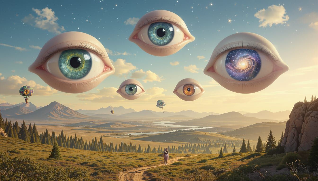 Surreal Floating Eyes Observe Shifting Landscapes
