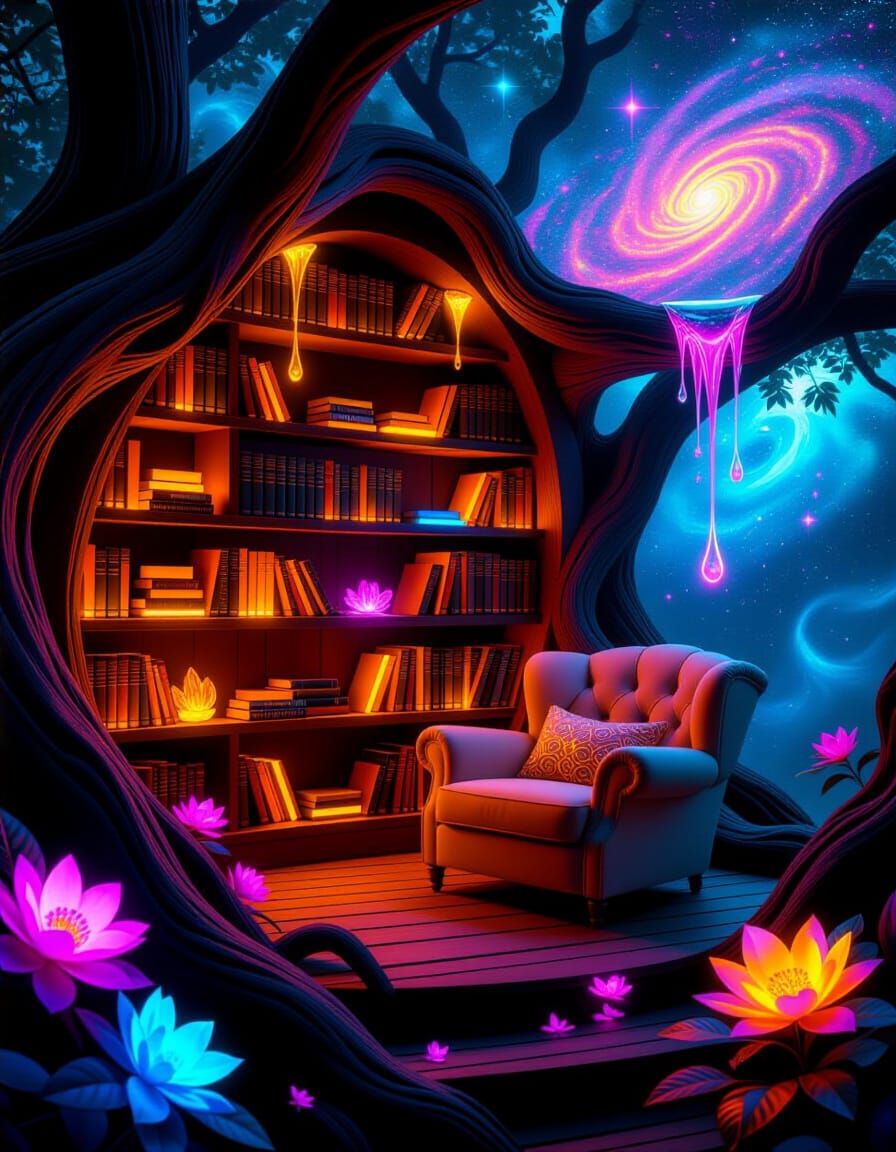 Psychedelic Treehouse Library in Neon Colors